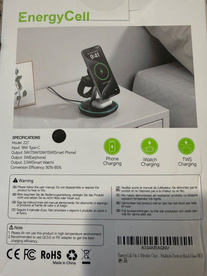 EnergyCell 3 in 1 Wireless Charging Station Fast Charger for Phone/Watch
