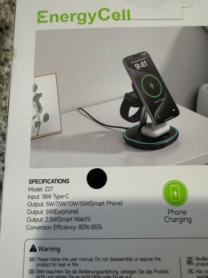 EnergyCell 3 in 1 Wireless Charging Station Fast Charger for Phone/Watch
