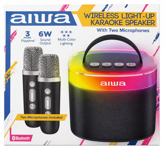 Aiwa Wireless Bluetooth Karaoke Speaker 6W LED Light w/ 2 Microphones