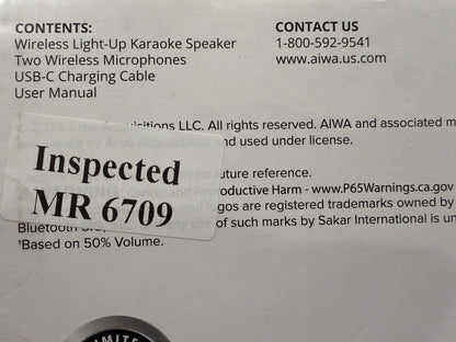 Aiwa Wireless Bluetooth Karaoke Speaker 6W LED Light w/ 2 Microphones