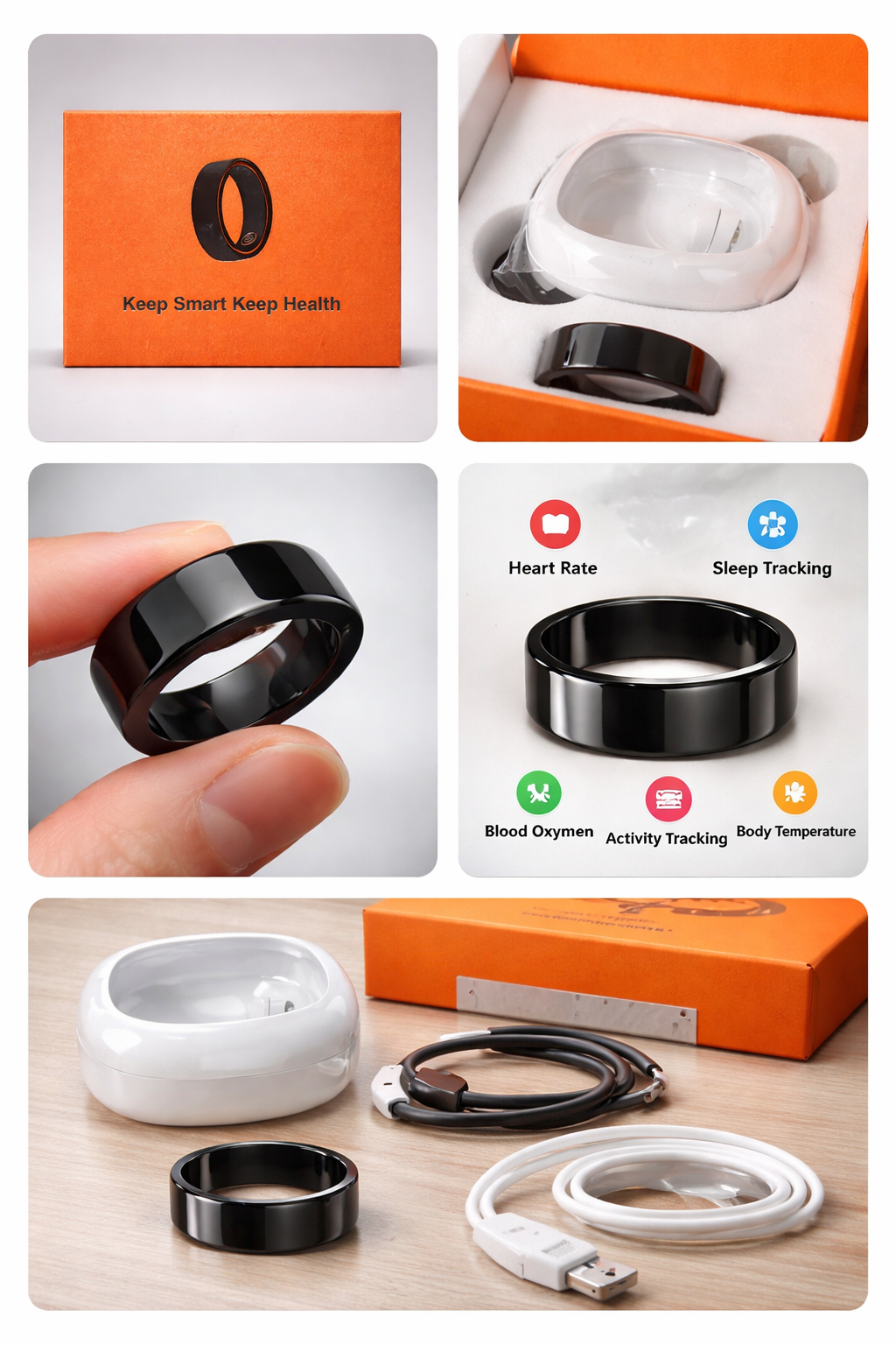 Black Smart Ring Size 12 Health Fitness Tracker Sleep Heart Rate Monitor