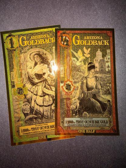 Arizona Goldback 2025 2-Pack 24k Gold Notes Collectible Currency Lot