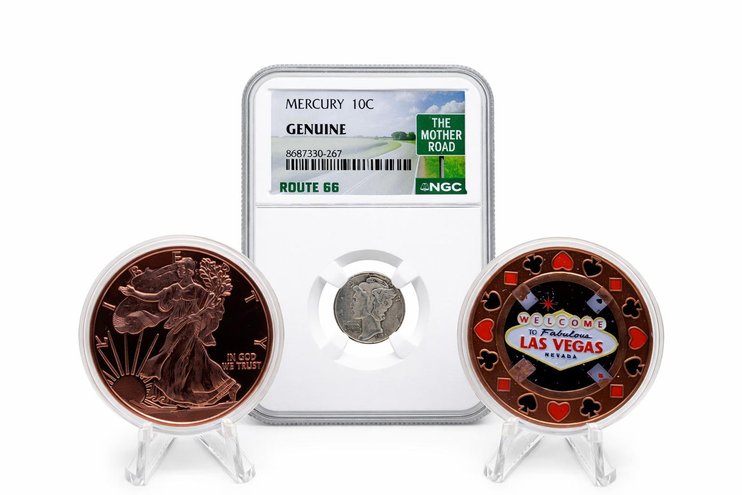 1942 Mercury Dime NGC Route 66 | 2oz Copper Walking Liberty Las Vegas Chip