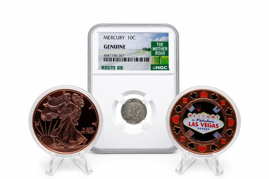 1942 Mercury Dime NGC Route 66 | 2oz Copper Walking Liberty Las Vegas Chip