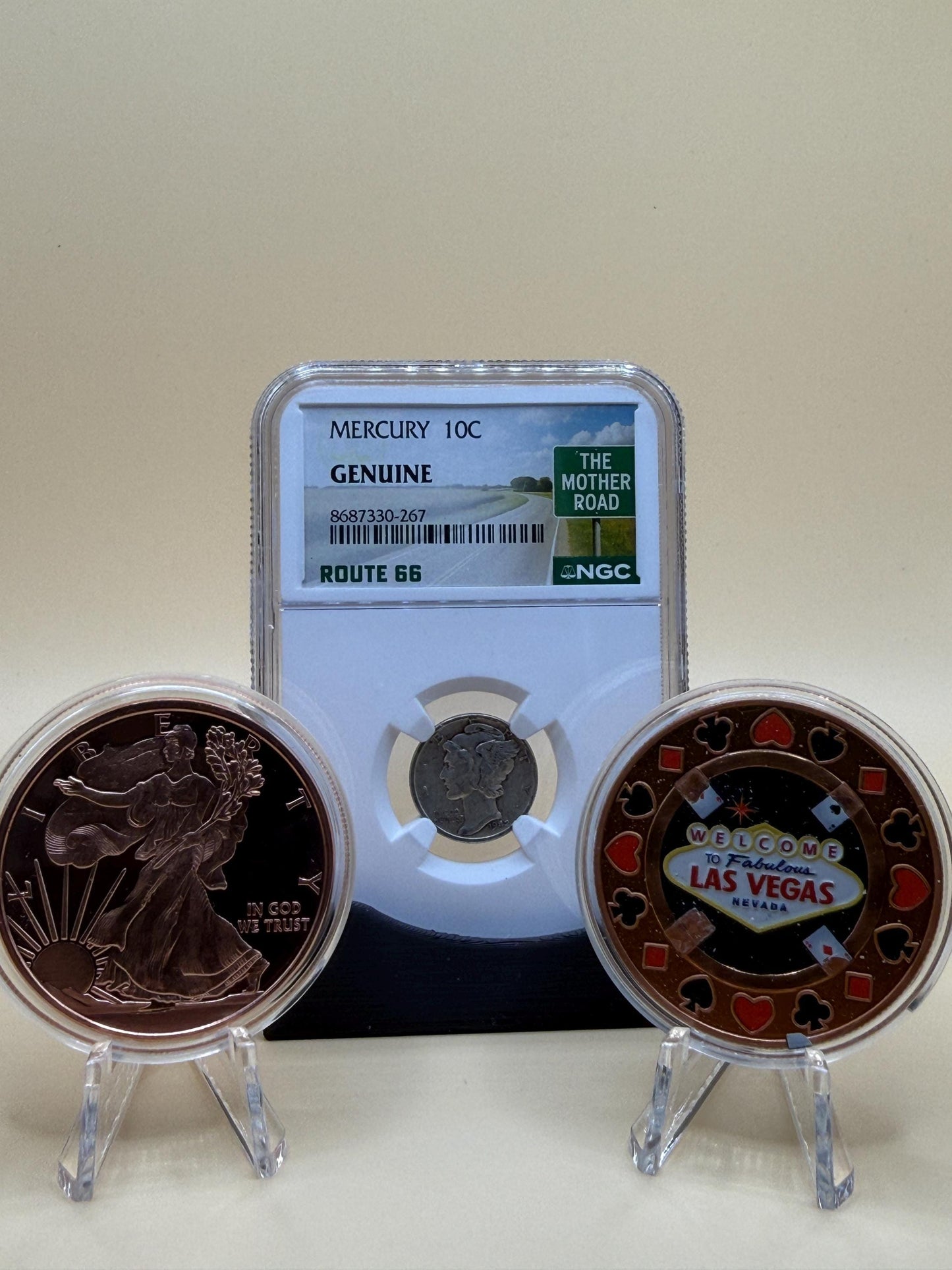 1942 Mercury Dime NGC Route 66 | 2oz Copper Walking Liberty Las Vegas Chip