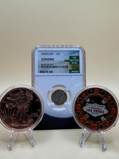 1942 Mercury Dime NGC Route 66 | 2oz Copper Walking Liberty Las Vegas Chip
