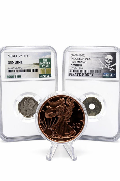 NGC Genuine Mercury Dime Route 66 + Indonesia Palembang Pirate Coin