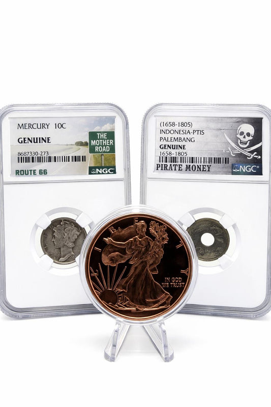 NGC Genuine Mercury Dime Route 66 + Indonesia Palembang Pirate Coin
