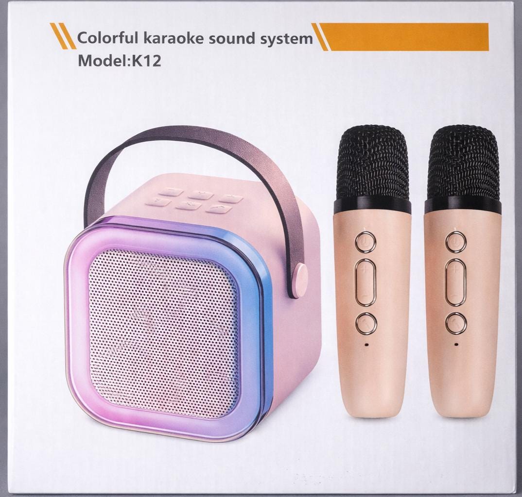 K12 Karaoke Machine Dual Wireless Microphones Portable Speaker Beige