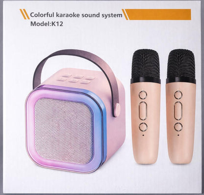 K12 Karaoke Machine Dual Wireless Microphones Portable Speaker Beige