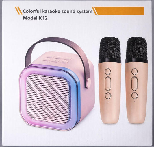 K12 Karaoke Machine Dual Wireless Microphones Portable Speaker Beige