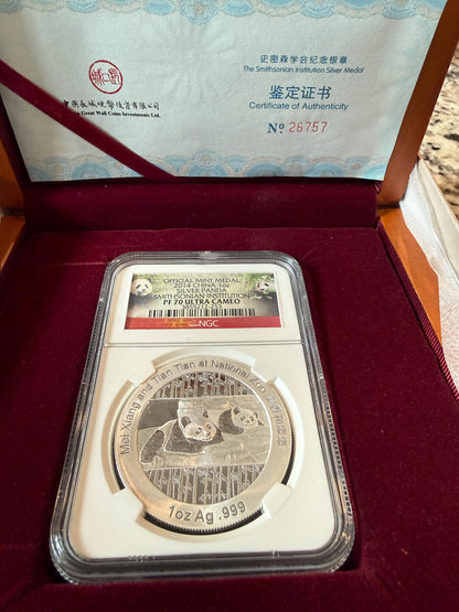 2014 China Silver Panda 1oz .999 Silver PF70 Smithsonian Mint Medal