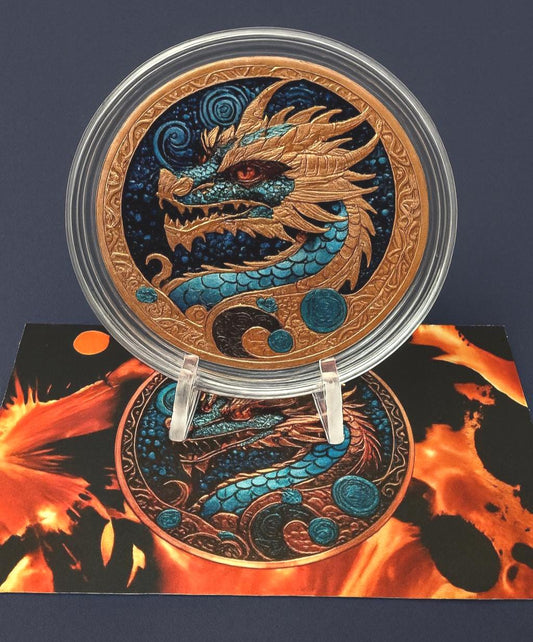 Colorized Dragon Coin 40mm 33.5g Fantasy Collectible w Case Stand