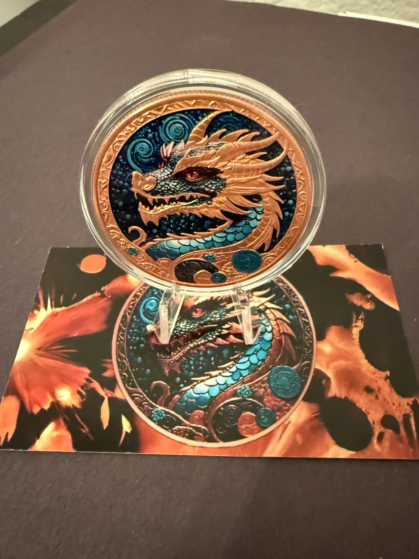 Colorized Dragon Coin 40mm 33.5g Fantasy Collectible w Case Stand