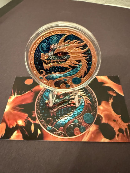 Colorized Dragon Coin 40mm 33.5g Fantasy Collectible w Case Stand
