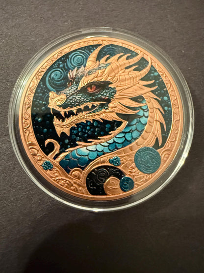 Colorized Dragon Coin 40mm 33.5g Fantasy Collectible w Case Stand