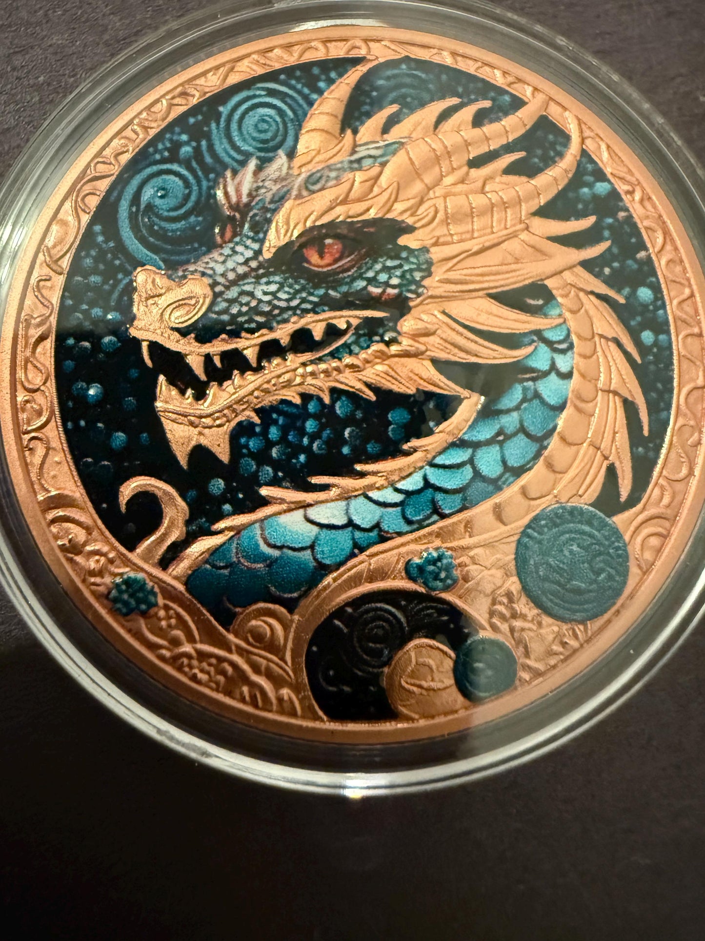 Colorized Dragon Coin 40mm 33.5g Fantasy Collectible w Case Stand