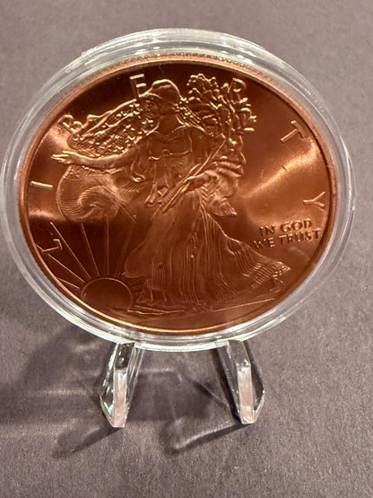 Walking Liberty 1 oz .999 Fine Copper Round w Case & Display Stand