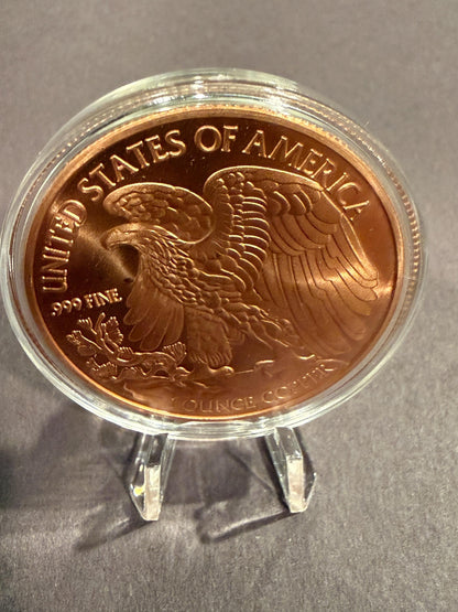 Walking Liberty 1 oz .999 Fine Copper Round w Case & Display Stand