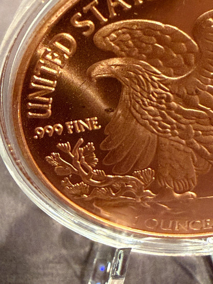 Walking Liberty 1 oz .999 Fine Copper Round w Case & Display Stand