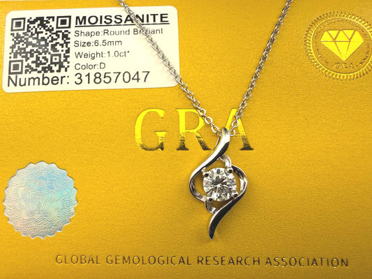 GRA Certified 1.0Ct D Color Moissanite Pendant Necklace Round Brilliant Solitaire