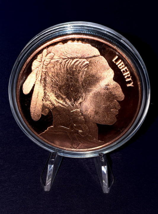 1 oz .999 Fine Copper Buffalo Round w/ Capsule & Display Stand