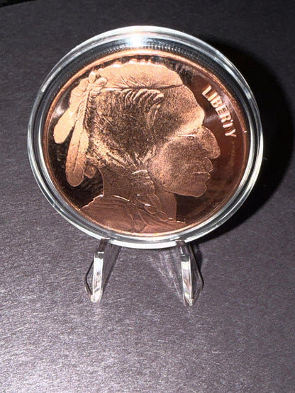 1 oz .999 Fine Copper Buffalo Round w/ Capsule & Display Stand