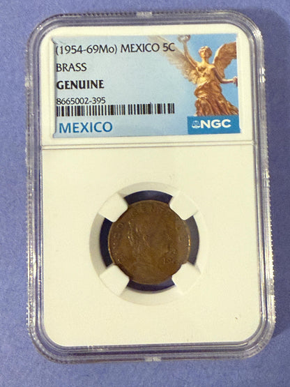 Mexico 5 Centavos 1954–1969 NGC Genuine Brass Mexican Coin Cinco Centavos