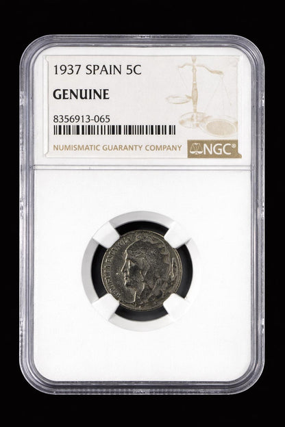 1937 Spain 5 Centimos NGC Genuine Spanish Civil War Historic Coin