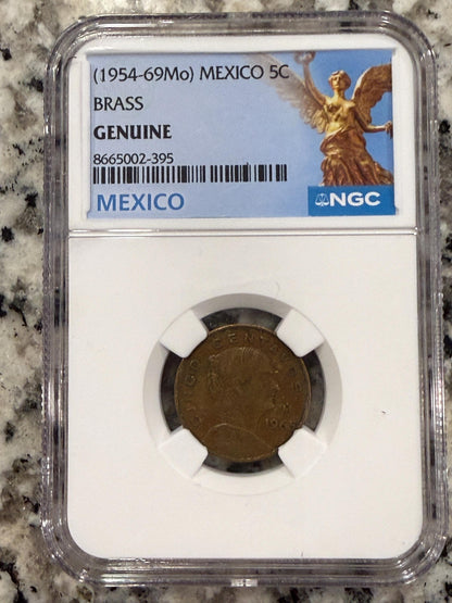 Mexico 5 Centavos 1954–1969 NGC Genuine Brass Mexican Coin Cinco Centavos