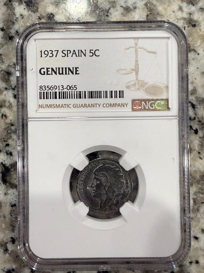 1937 Spain 5 Centimos NGC Genuine Spanish Civil War Historic Coin