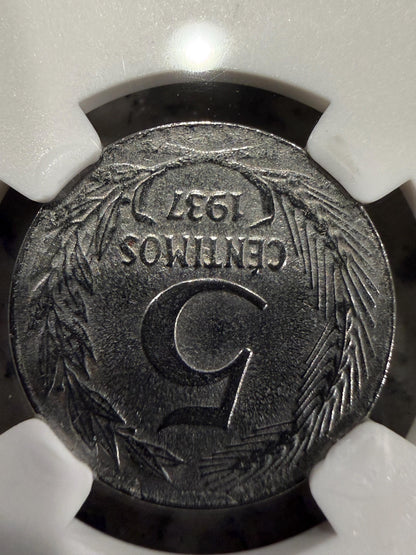 1937 Spain 5 Centimos NGC Genuine Spanish Civil War Historic Coin