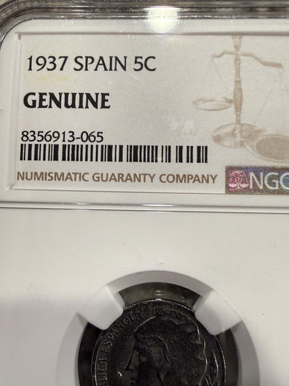 1937 Spain 5 Centimos NGC Genuine Spanish Civil War Historic Coin