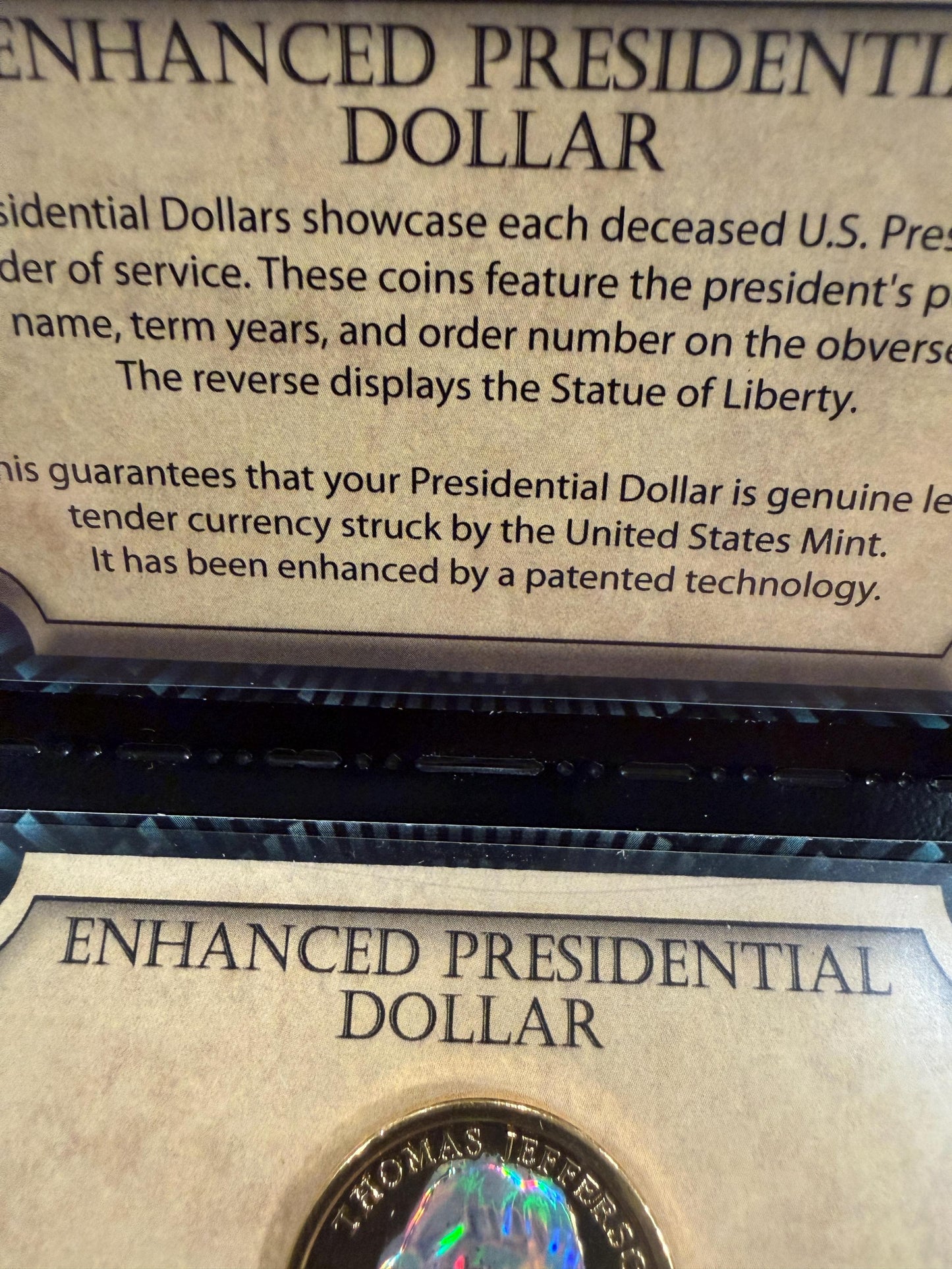 Enhanced Presidential Dollar Thomas Jefferson Hologram Coin Genuine US Mint