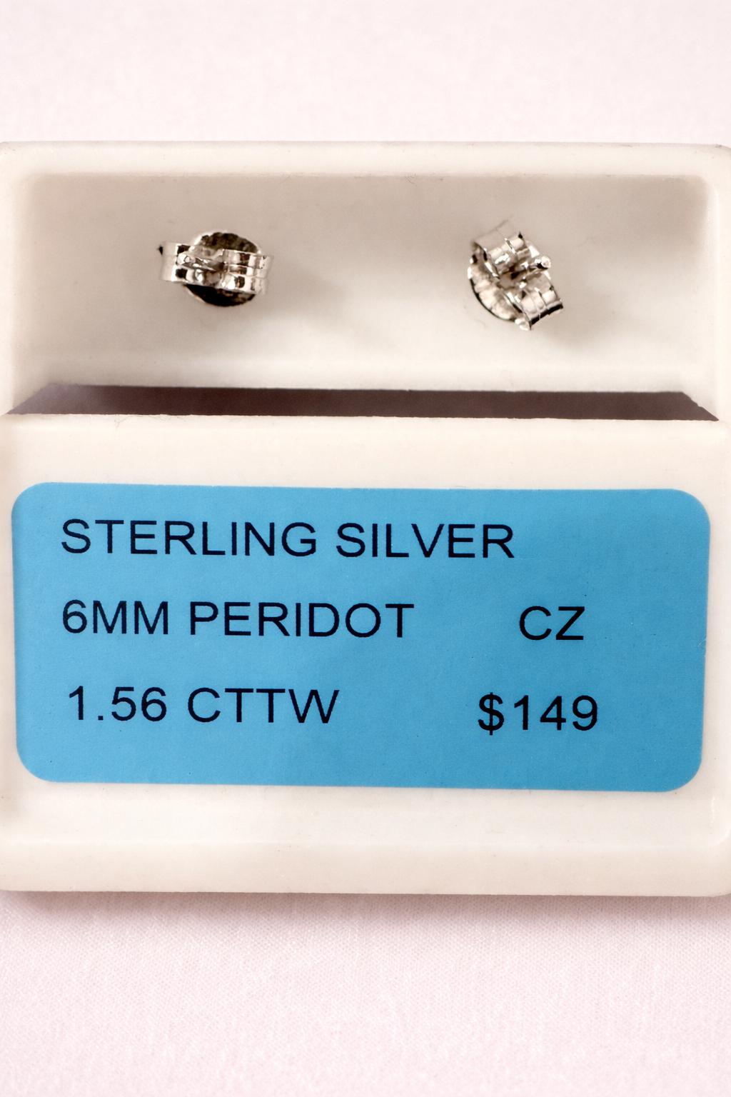 Sterling Silver 6mm Peridot CZ Stud Earrings 1.56 CTTW Round Green Gemstone