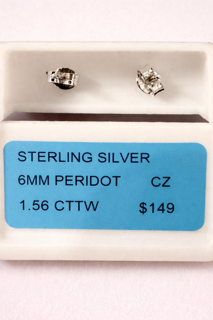 Sterling Silver 6mm Peridot CZ Stud Earrings 1.56 CTTW Round Green Gemstone