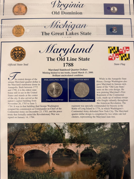 Maryland Michigan Virginia Statehood Quarter Set 3 Pack Coins Stamp Prints