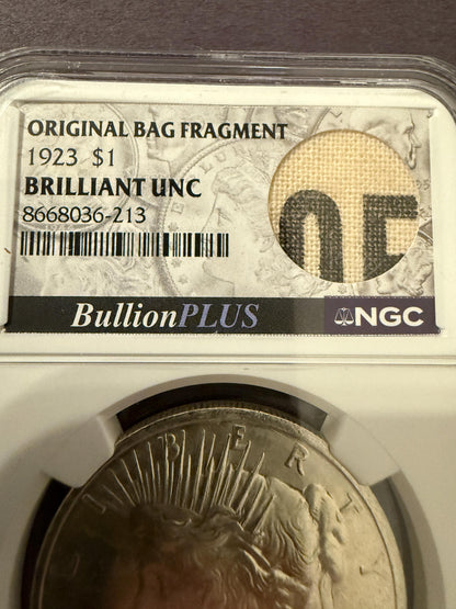 1923 Peace Silver Dollar BU NGC Original Bag Fragment Historic Coin