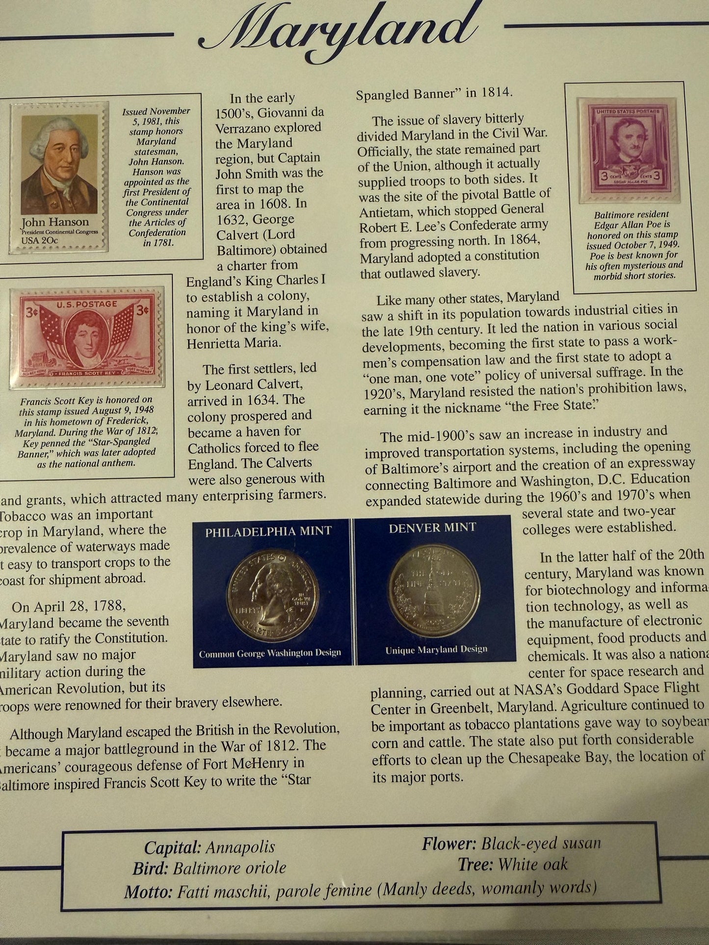 Maryland Michigan Virginia Statehood Quarter Set 3 Pack Coins Stamp Prints