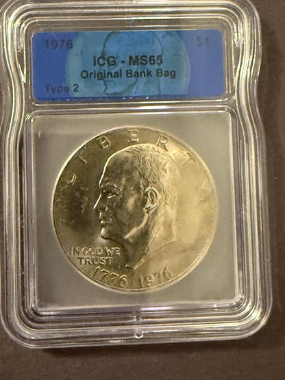 1976 Eisenhower Dollar Type 2 ICG Original Bank Bag Bicentennial Ike