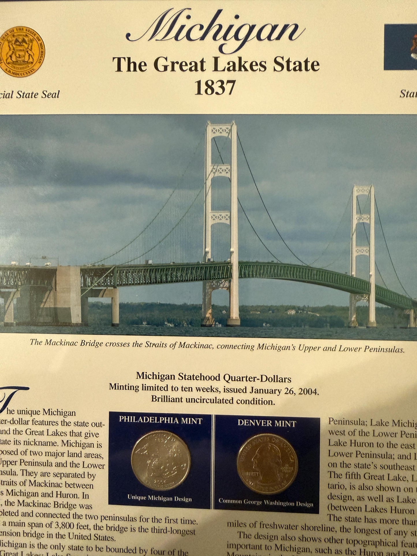 Maryland Michigan Virginia Statehood Quarter Set 3 Pack Coins Stamp Prints