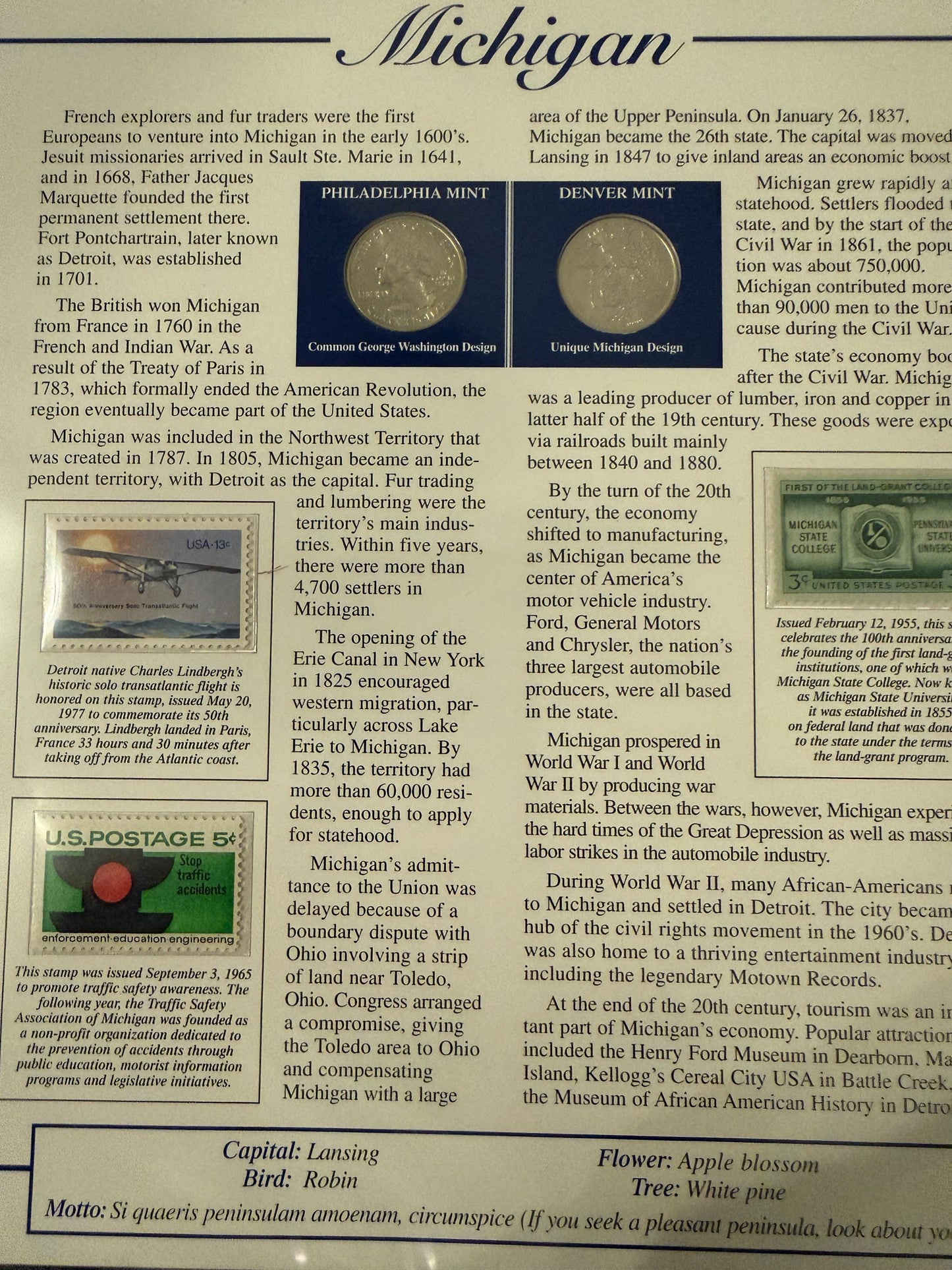 Maryland Michigan Virginia Statehood Quarter Set 3 Pack Coins Stamp Prints