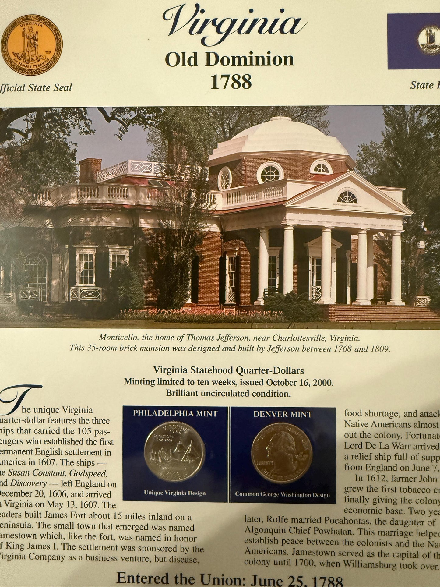 Maryland Michigan Virginia Statehood Quarter Set 3 Pack Coins Stamp Prints