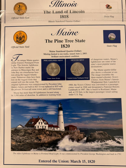 Illinois & Maine Statehood Quarter 2 Pack Real Coins with Stamp Prints Set