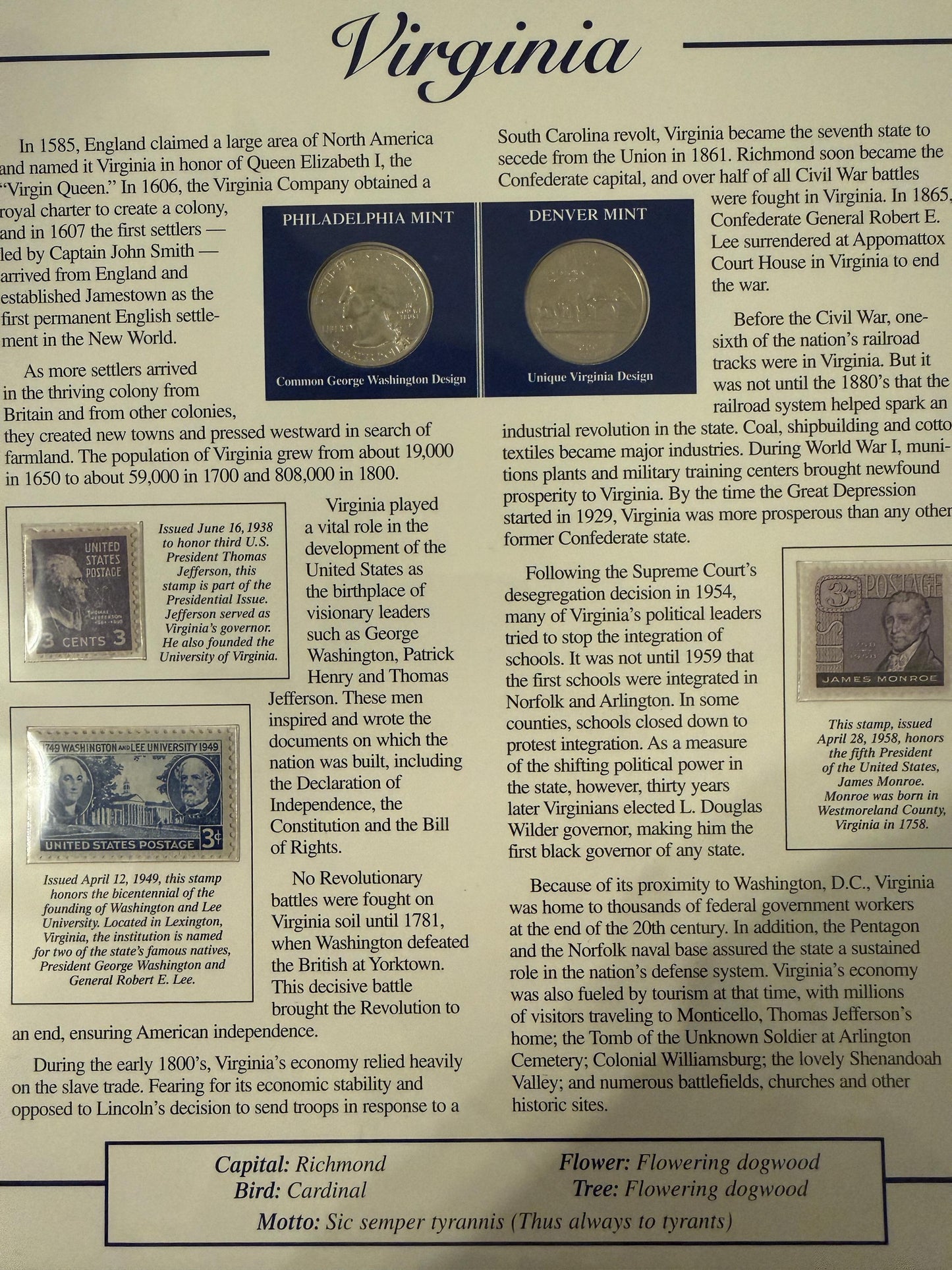 Maryland Michigan Virginia Statehood Quarter Set 3 Pack Coins Stamp Prints