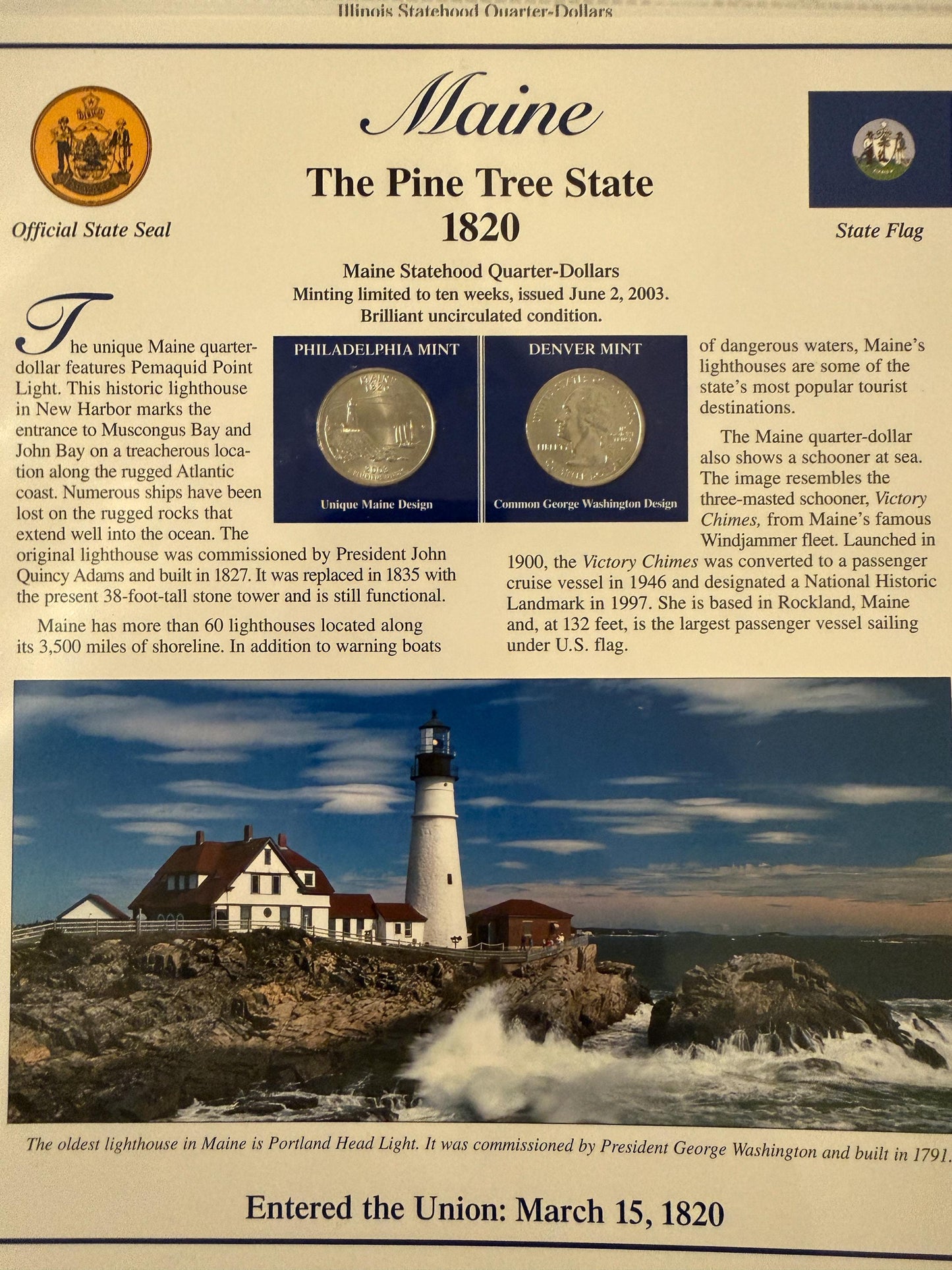 Illinois & Maine Statehood Quarter 2 Pack Real Coins with Stamp Prints Set