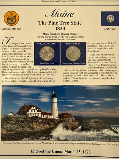 Illinois & Maine Statehood Quarter 2 Pack Real Coins with Stamp Prints Set