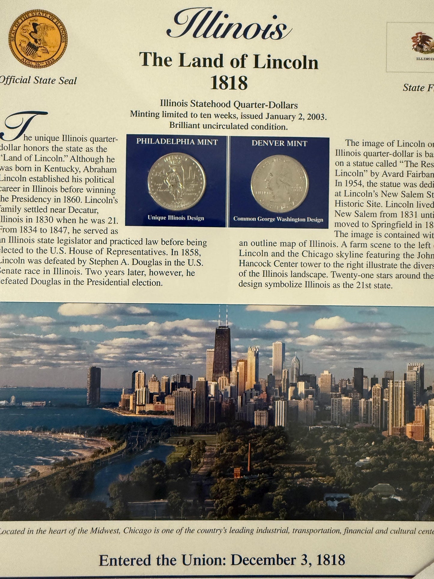 Illinois & Maine Statehood Quarter 2 Pack Real Coins with Stamp Prints Set