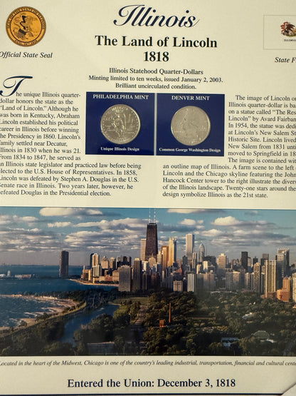 Illinois & Maine Statehood Quarter 2 Pack Real Coins with Stamp Prints Set