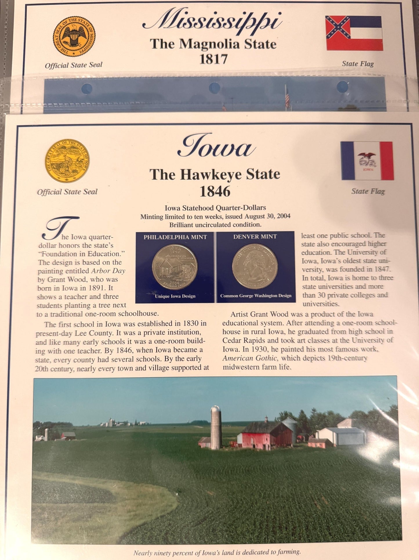 Iowa & Mississippi Statehood Quarter Set 2 Pack Coins Stamps 1846 1817